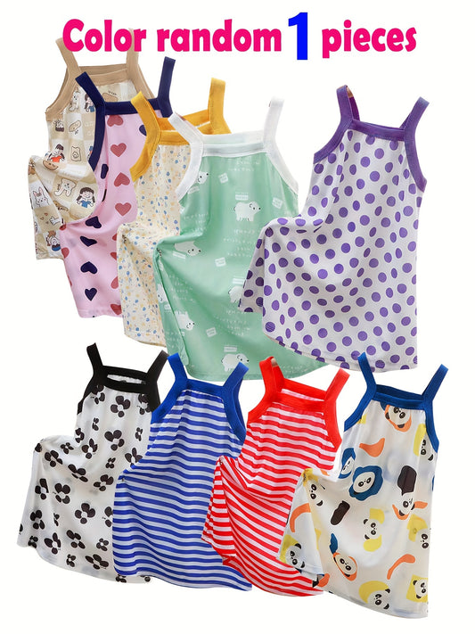 1/2/4pcs Toddler Girls Kids Ice Silk Comfortable Cami Dress Top Casual Pattern Print Bottoming Tops For Girls Spring Summer Autumn